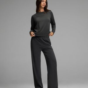 Women's Brushed Bamboo Pullover Crew & Wide Leg Pull On Pant Set